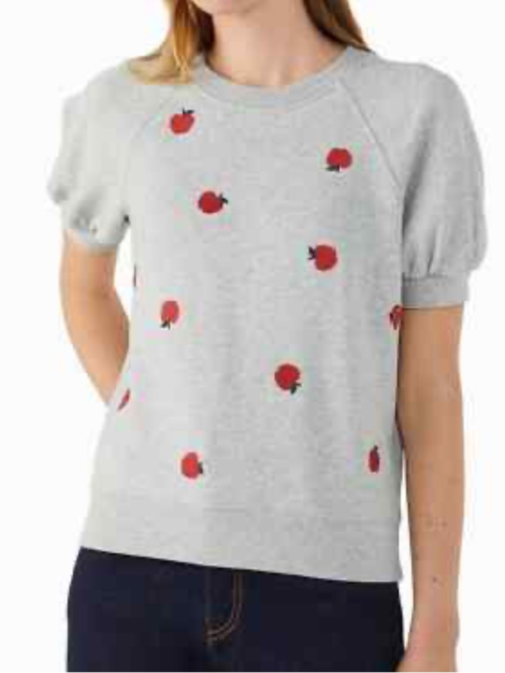 ❤️💕 Kate spade Grey Short-Sleeve Sweatshirt with Red Apple Prints Small